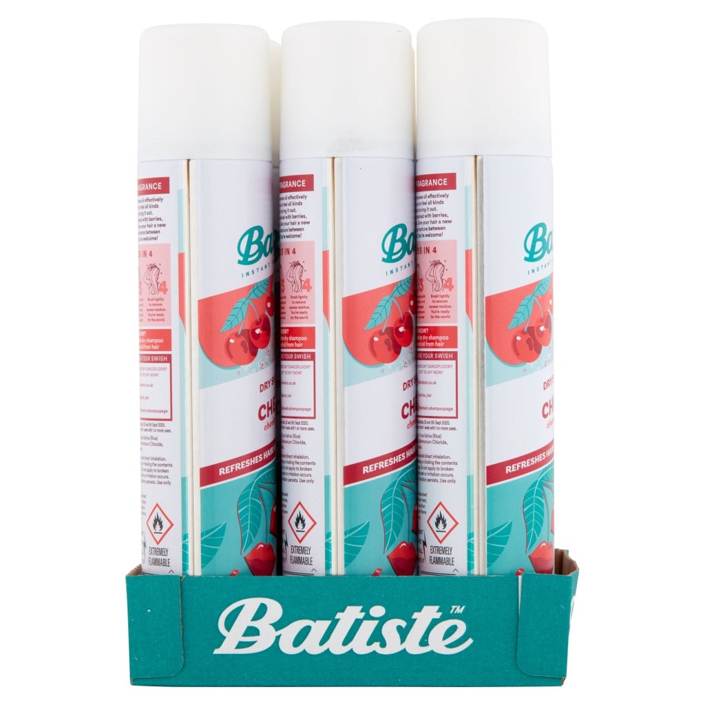 Batiste 200ml dry shampoo Cherry EU UK front, FIN/DK/NO/SE back - Intamarque 5010724526798