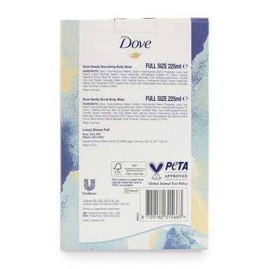 Dove Bodywash collection - Deeply Nourishing BW 225ml, Gentle Scrub BW 225ml & Shower Puff - Intamarque - Wholesale 8720182315663